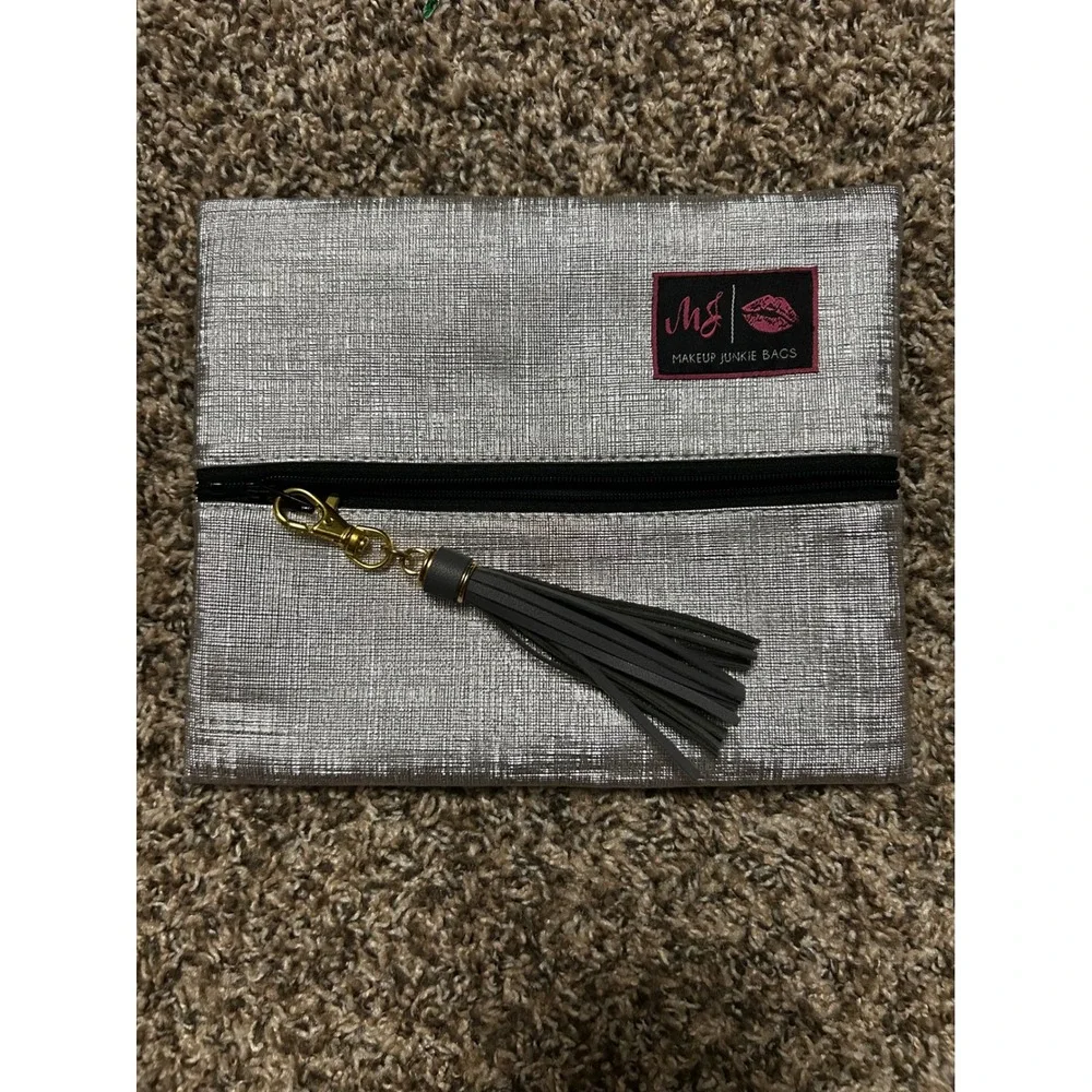 Makeup Junkie Bag Metallic Silver Textured Tassel Pouch Cosmetic Travel Clutch